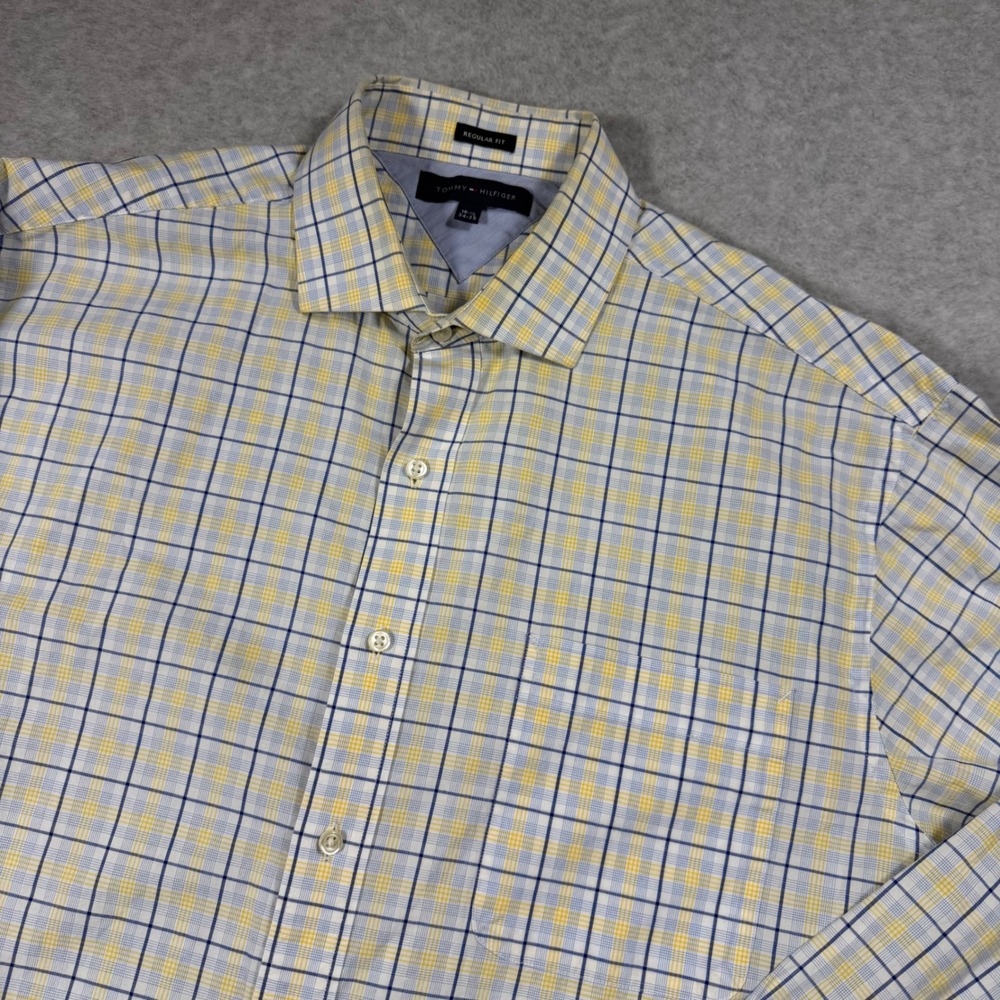 Tommy Hilfiger Button Down Shirt Mens 16.5 34-35 Yellow Plaid Regular Fit Cotton